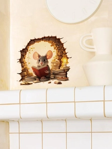 Close-up of 3D wall sticker featuring a cute mouse reading books in a broken wall hole