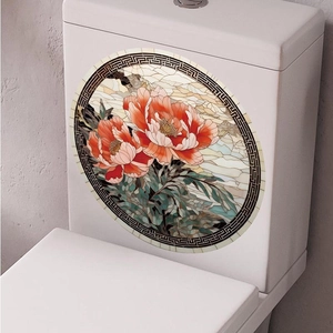 Floral self-adhesive PVC wall sticker with red peony design in stained glass style