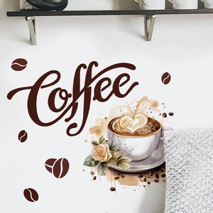 Self-adhesive coffee wall decal with heart latte art, coffee beans, and rose design