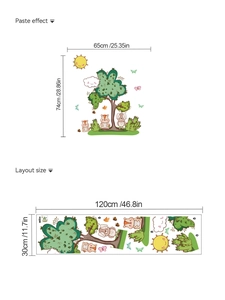 Cartoon forest animals wall decal layout and paste effect dimensions for living room