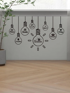 Detail of office wall decals featuring black lightbulb icons with business success keywords