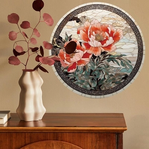 Round mosaic-style lotus wall sticker with red peony pattern and black geometric border
