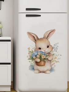 Detailansicht Hasen-Wandsticker mit Blumenkorb auf weißer Kühlschrank-Oberfläche