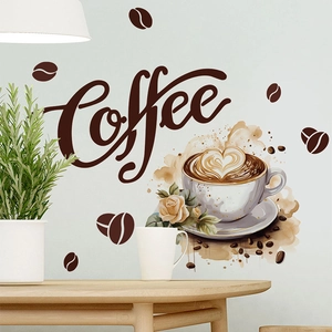 Watercolour coffee cup wall sticker with artistic text for cozy kitchen decor