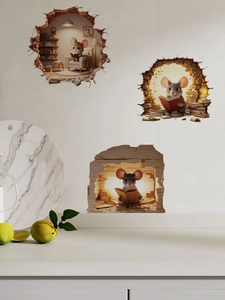 Detail showing 3D wall stickers with reading mice in creative mouse holes and furniture