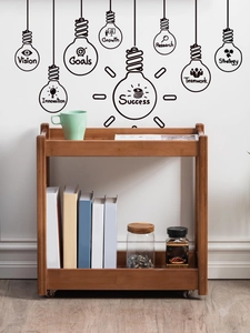 Macro detail of 2-tier bamboo storage cart with wheels against a bulb wall sticker