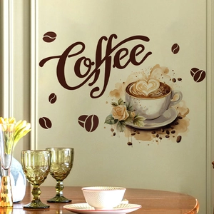 Artistic coffee cup and rose wall decal on beige wall for cozy interior decor