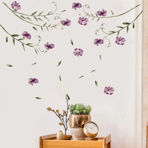 Purple watercolor floral wall decal with green vine leaves for living room home decor