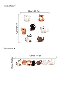 Detailed layout size and paste effect dimensions for cute cartoon cat wall stickers