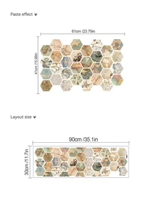 Detail of vintage world map hexagonal wall stickers showing paste effect and layout dimensions
