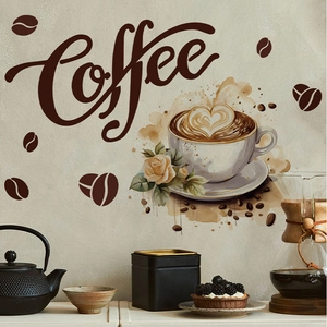 Watercolor coffee wall decals with latte art and coffee beans for kitchen decor