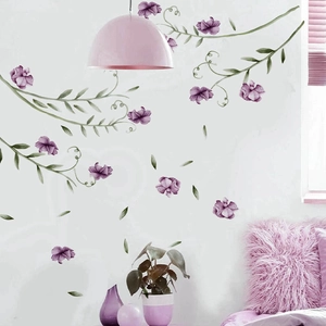 Watercolor purple flowers and green vines wall stickers for bedroom living room decoration
