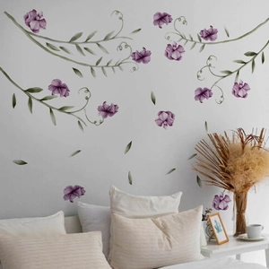 Watercolor purple flowers and green vines PVC wall decals for bedroom background wall