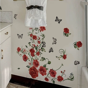 Adesivi murali con rose rosse e farfalle per decorazione bagno e casa moderna