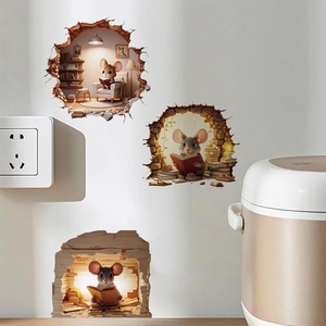 3D Stereoscopic Mouse Hole Wall Stickers Cartoon Reading Mice Pattern PVC Decals For Bedroom Living Room Stairs Home Decor