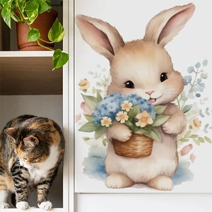 Aquarell Hase Mit Blumenkorb Wandtattoo Wasserdicht PVC Abnehmbar Selbstklebend Cartoon Tier Aufkleber Für Kinderzimmer Deko