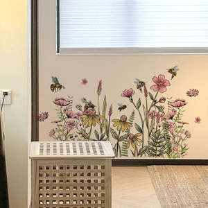 Sticker Mural Abeille Fleurs Sauvages PVC Autocollant Imperméable Résistant à l'Huile pour Cuisine Chambre Maison
