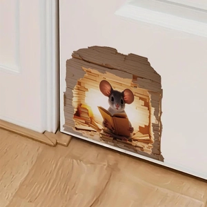 3D realistic wall sticker with a cute reading mouse in hole for home decoration