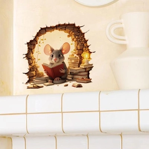 3D hole wall sticker featuring a cute mouse reading a book for home corner decoration