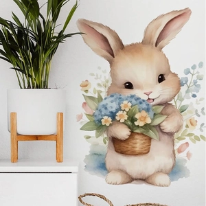 Wandtattoo Hase mit Blumenkorb im Aquarellstil für Wohnzimmer und Kinderzimmer