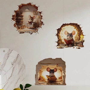 3D hole effect wall stickers featuring cute reading mice for staircase home decor