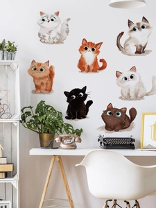 Detailed set of 7 watercolor cartoon cat wall stickers for cozy home interior decoration