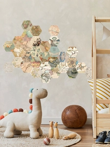 Hexagonal self-adhesive wall stickers with vintage map design in a kids' bedroom