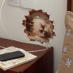 3D realistic reading mouse wall sticker with creative hole in wall effect for home decor
