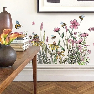 Stickers muraux adhésifs en PVC avec fleurs sauvages et abeilles pour décoration intérieure
