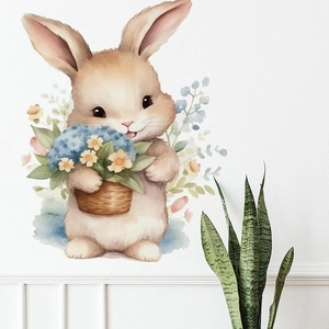 Wandtattoo Hase mit Blumenkorb im Aquarellstil für Wohnzimmer und Schlafzimmer