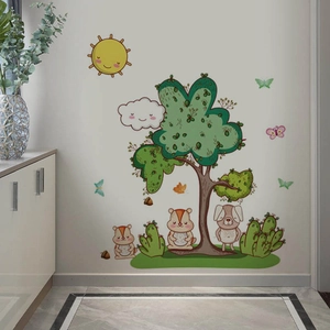 Cartoon forest wall sticker with a sun, tree, and animals for a cozy nursery decoration