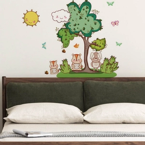 Cartoon forest wall sticker with tree, sun, dog and squirrels for children's bedroom decor