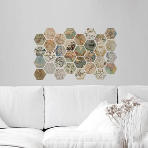 Retro world map hexagonal wall sticker set with 24 pieces for living room decoration