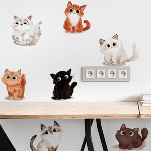 Cute cartoon cat wall stickers set, waterproof self-adhesive PVC decals for home decor