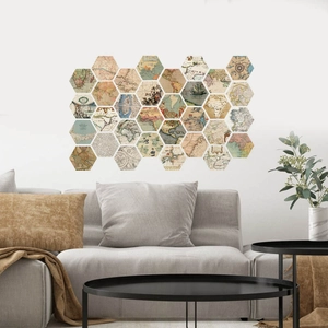 26-piece hexagonal vintage world map wall stickers for living room decor