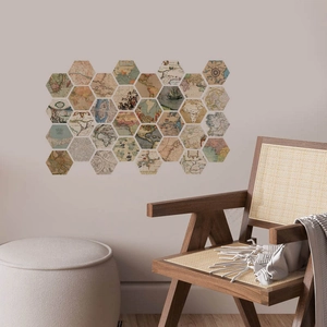 Set of 24 hexagonal vintage world map wall stickers for retro home office decor