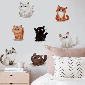 Set of 7 cartoon cat wall stickers featuring hand-painted designs for home decoration