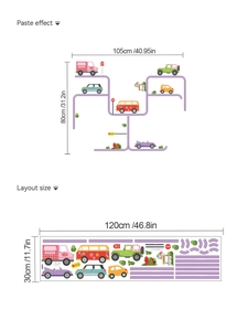 Layout dettagliato set adesivi murali auto 105x80cm per decorazione camera bimbi