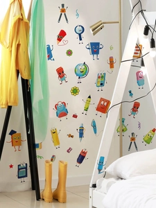 Nursery room scene featuring cute personified stationery PVC wall decals with vibrant colors