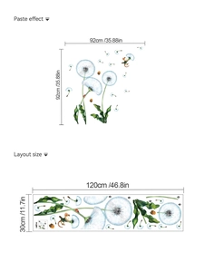 Blue dandelion wall decal detail showing dimensions and layout for bedroom decor