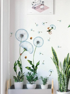 Blue dandelion wall stickers featuring cartoon mice and bees in a home decor setting