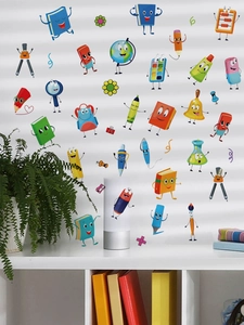 Vibrant cartoon stationery wall stickers with animated school supplies in a cozy room