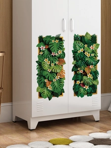 Adesivo murale 3D con foglie di monstera tropicale e fiori su mobile bianco moderno
