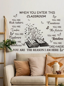 Détail du sticker mural inspirant pour salle de classe avec livres et motifs papillons