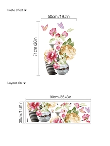 Floral wall decal with vase and butterflies, showing layout and paste effect dimensions