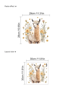 Detailed view showing dimensions for watercolor alpaca and yellow flower wall stickers