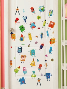 Close-up of cute cartoon stationery wall decals on a door including pencil and book