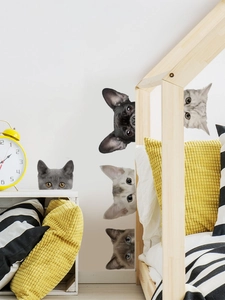 Detailansicht der 3D-Tierwandaufkleber mit Katzen und Bulldogge in einem Schlafzimmer