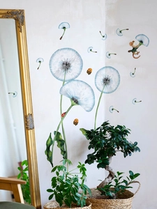 Detailed view of blue dandelion wall stickers with cartoon mouse and ladybug in a bedroom