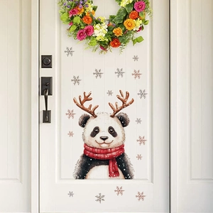 Weihnachten Rentier Panda Wandtattoo Abnehmbare PVC Cartoon Tier Aufkleber Mit Rotem Schal Und Schneeflocken Für Home Deko